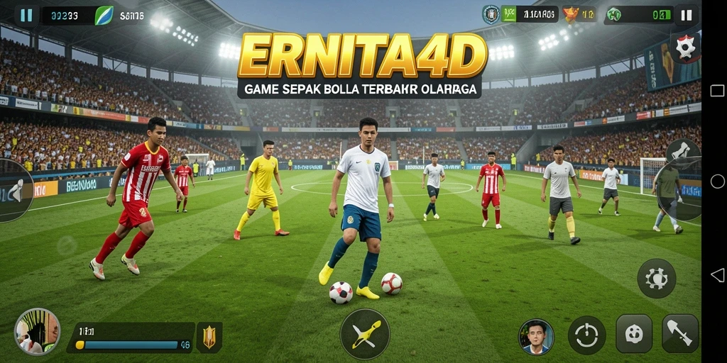 Tampilan gameplay dinamis ERNITA4D dengan aksi seru sepak bola.