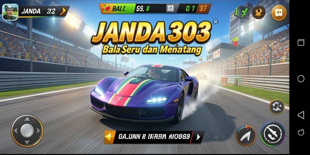 Screenshot JANDA303 menampilkan aksi balap mendebarkan di trek yang menantang.