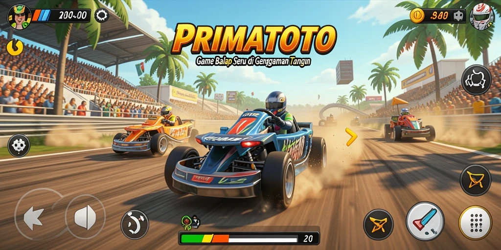 Tangkapan layar gameplay seru PRIMATOTO yang memperlihatkan aksi balap cepat.
