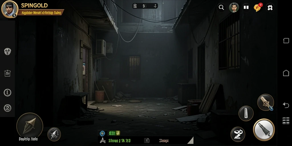 Tangkapan layar SPINGOLD menampilkan suasana gelap dan menegangkan dari gameplay Horror.
